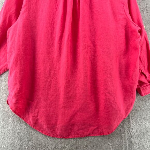 Lands End Shirt Women 2X Orange Linen Button Up Collared Roll Tab Long Sleeve - Picture 10 of 15